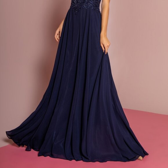 NEW LONG CHIFFON A-LINE DRESS WITH CAP SLEEVES EMBROIDERED WITH LACE GL2683 - Picture 7 of 12